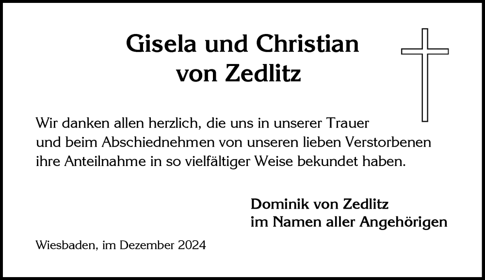  Traueranzeige für Gisela von Zedlitz vom 07.12.2024 aus Wiesbadener Kurier