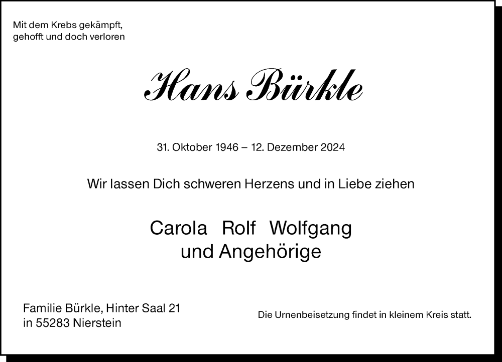  Traueranzeige für Hans Bürkle vom 21.12.2024 aus Allgemeine Zeitung Rheinhessen-Nahe