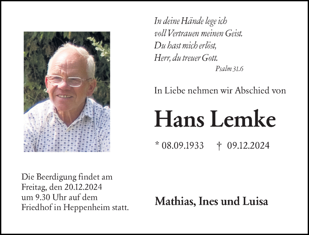  Traueranzeige für Hans Lemke vom 14.12.2024 aus Starkenburger Echo