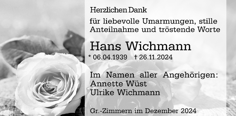  Traueranzeige für Hans Wichmann vom 21.12.2024 aus Dieburger Anzeiger/Groß-Zimmerner Lokal-Anzeiger