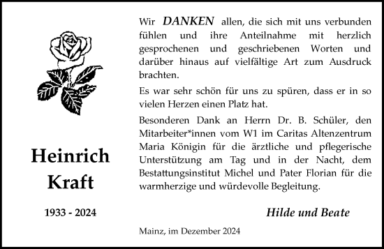 Traueranzeige von Heinrich Kraft von Allgemeine Zeitung Mainz