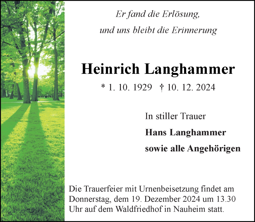 Traueranzeige für Heinrich Langhammer vom 14.12.2024 aus Groß-Gerauer Echo