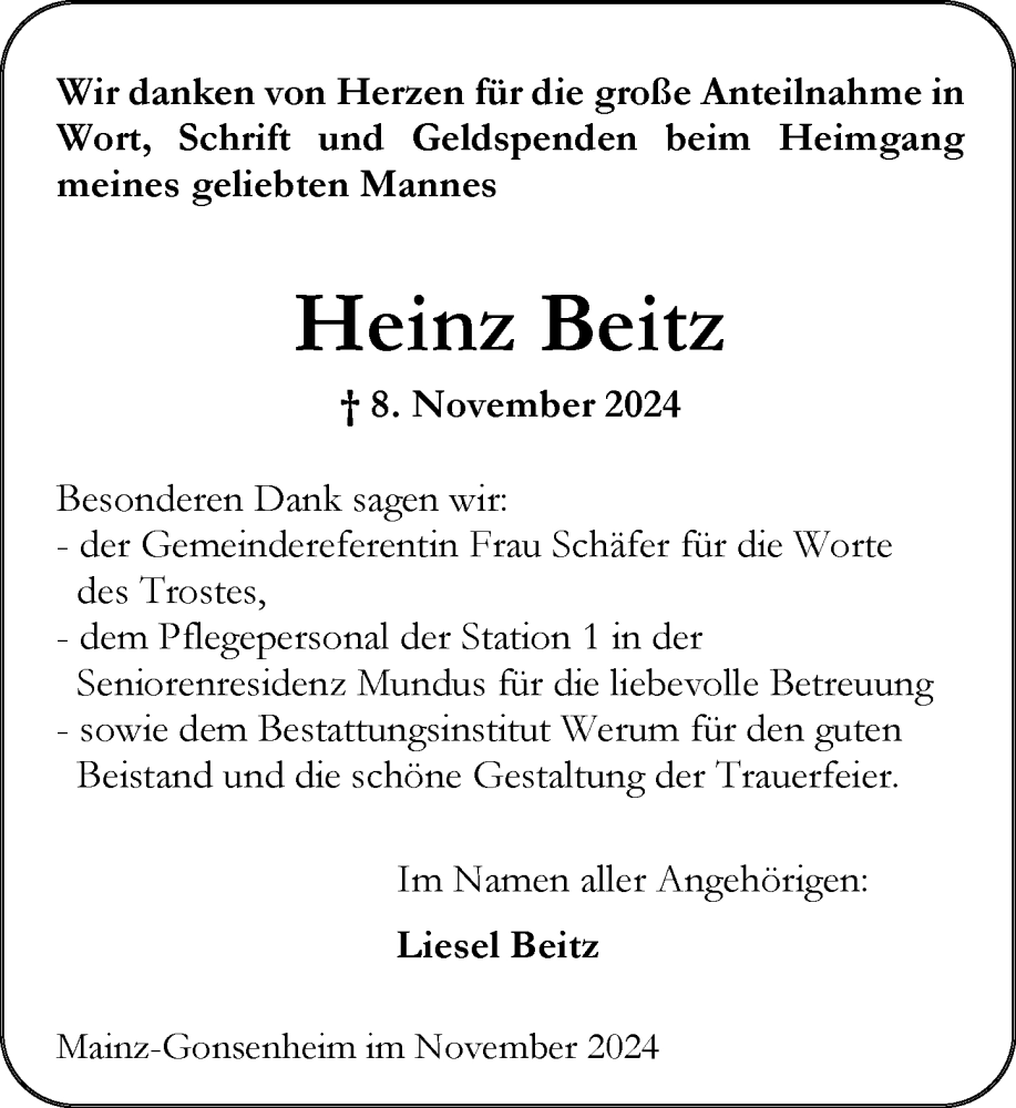  Traueranzeige für Heinz Beitz vom 07.12.2024 aus Allgemeine Zeitung Mainz