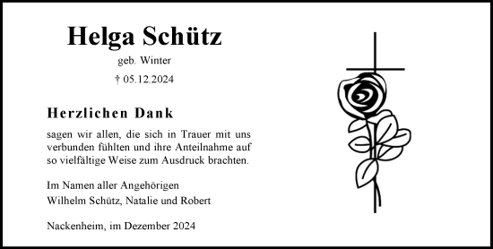 Traueranzeige von Helga Schütz von Allgemeine Zeitung Mainz