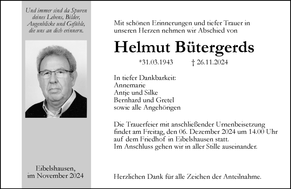  Traueranzeige für Helmut Bütergerds vom 04.12.2024 aus Dill Block
