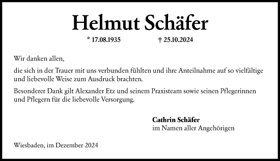 Traueranzeige von Helmut Schäfer von Wiesbadener Kurier