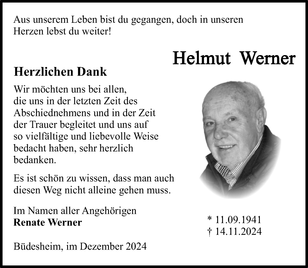  Traueranzeige für Helmut Werner vom 14.12.2024 aus Allgemeine Zeitung Rheinhessen-Nahe