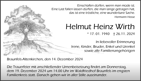 Traueranzeige von Helmut Heinz Wirth von Wetzlarer Neue Zeitung