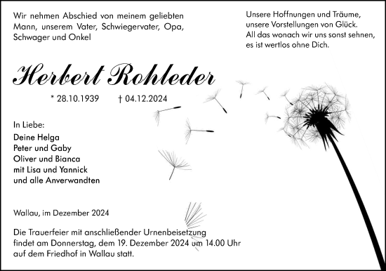 Traueranzeige von Herbert Rohleder von Hinterländer Anzeiger