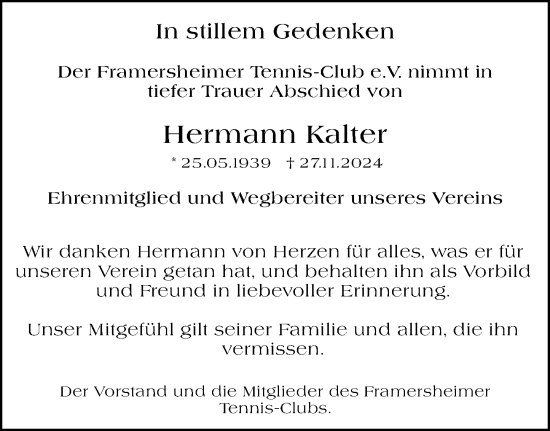 Traueranzeige von Hermann Kalter von Alzeyer Wochenblatt