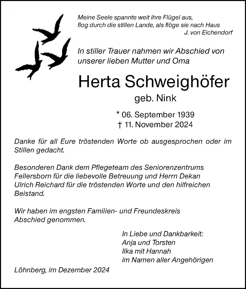  Traueranzeige für Herta Schweighöfer vom 28.12.2024 aus Weilburger Tageblatt