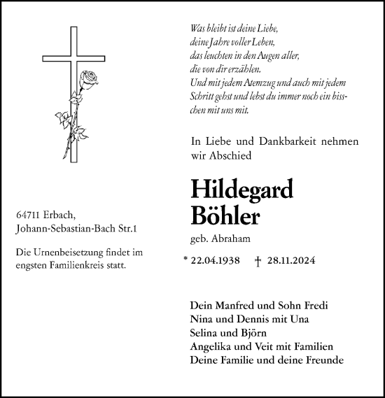 Traueranzeige von Hildegard Böhler von Odenwälder Echo