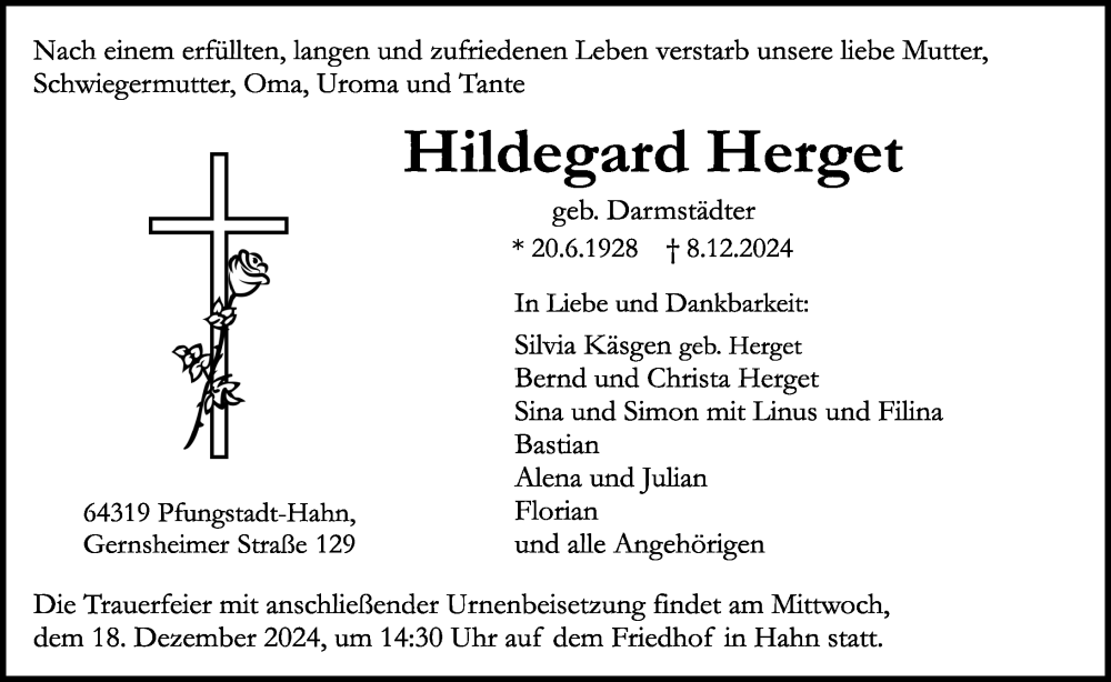  Traueranzeige für Hildegard Herget vom 14.12.2024 aus Darmstädter Echo