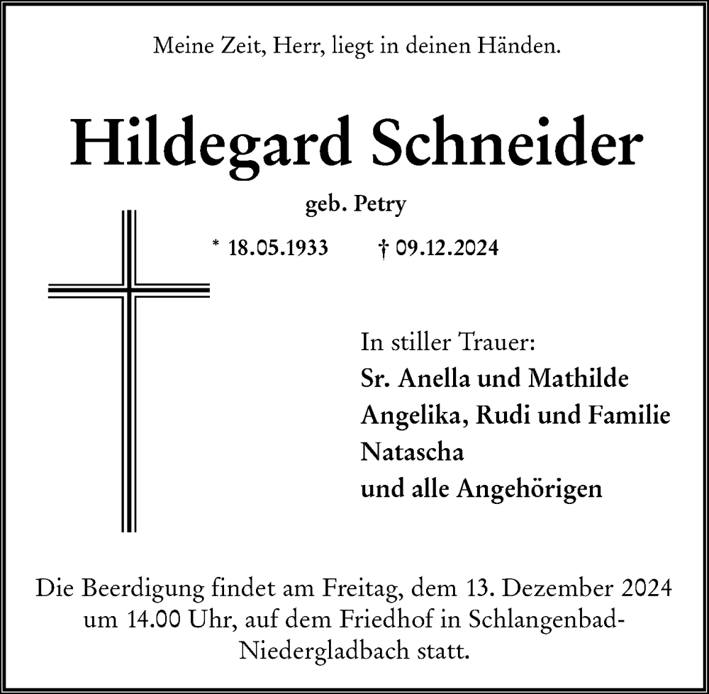  Traueranzeige für Hildegard Schneider vom 11.12.2024 aus Wiesbadener Kurier