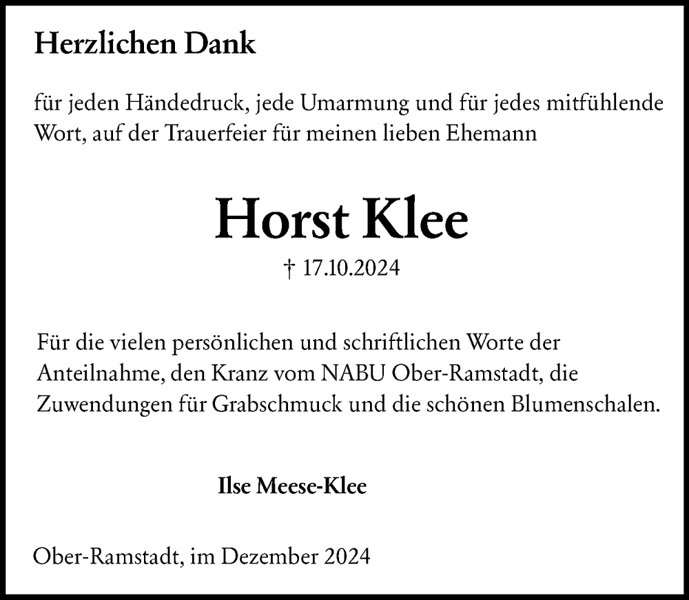  Traueranzeige für Horst Klee vom 07.12.2024 aus Darmstädter Echo