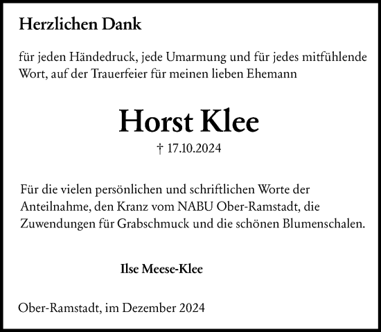 Traueranzeige von Horst Klee von Darmstädter Echo