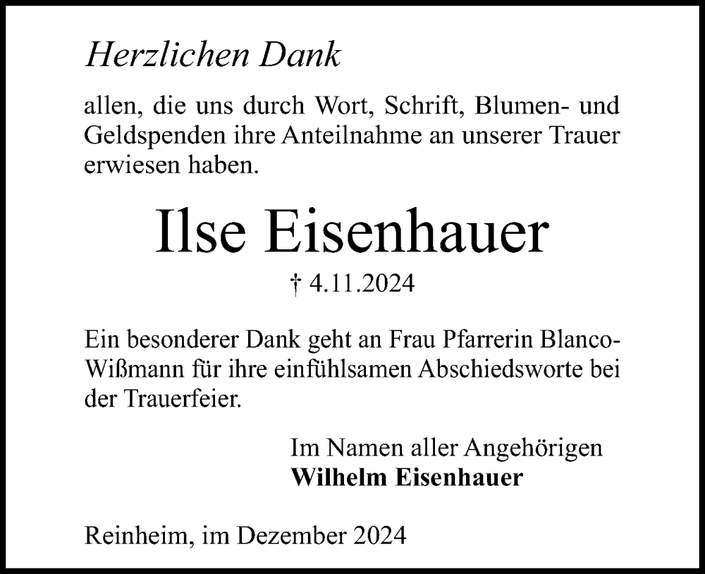  Traueranzeige für Ilse Eisenhauer vom 07.12.2024 aus Darmstädter Echo