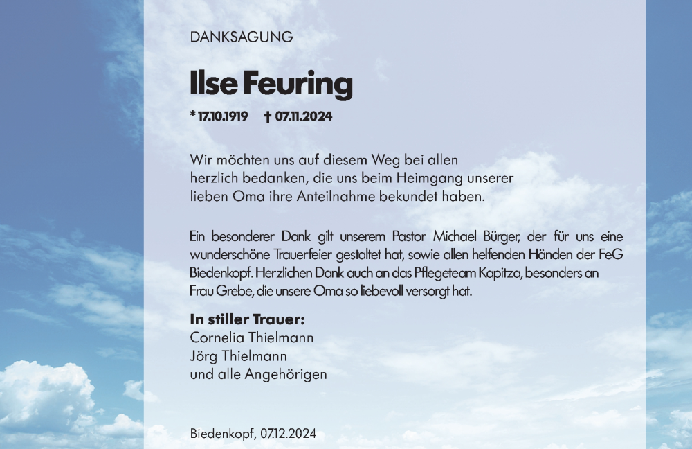  Traueranzeige für Ilse Feuring vom 07.12.2024 aus Hinterländer Anzeiger