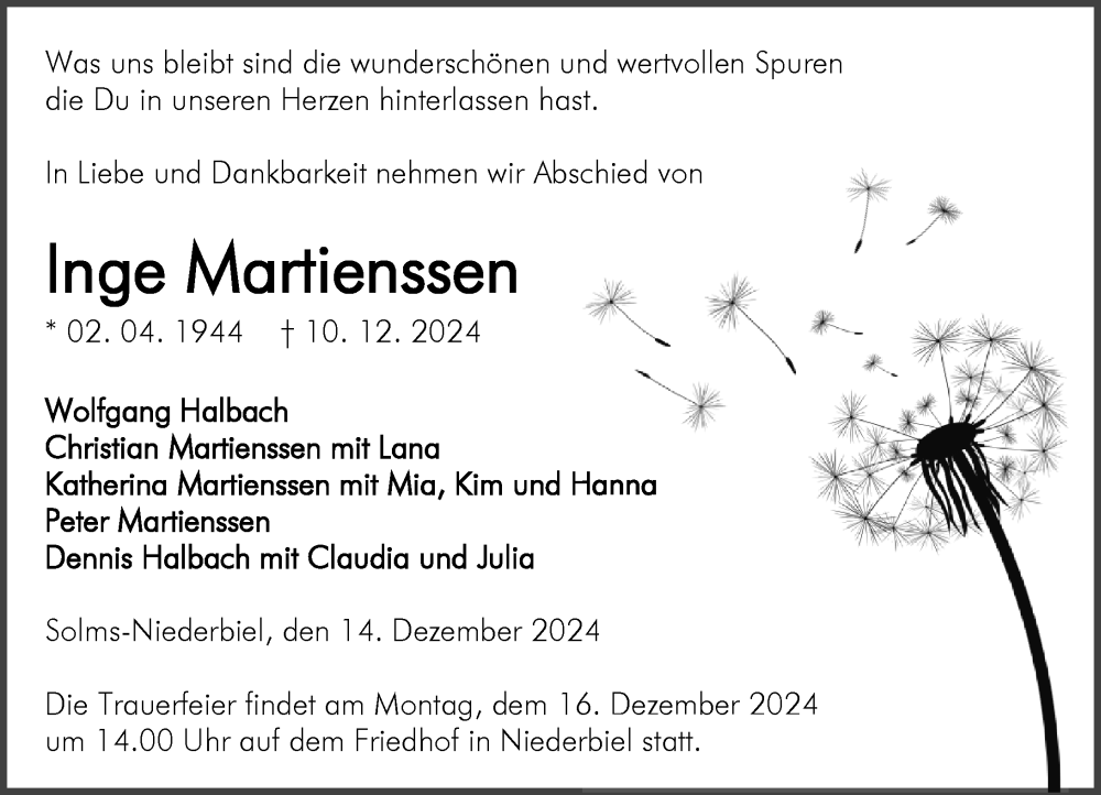  Traueranzeige für Inge Martienssen vom 14.12.2024 aus Wetzlarer Neue Zeitung