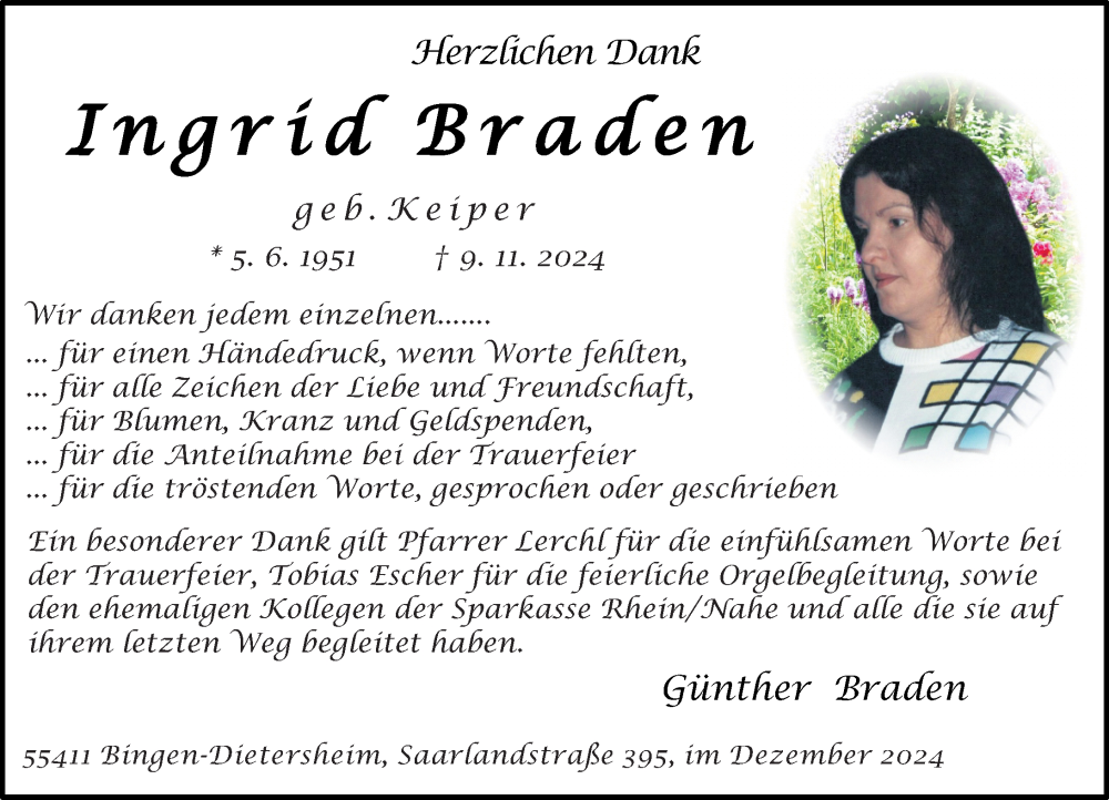 Traueranzeige für Ingrid Braden vom 14.12.2024 aus Allgemeine Zeitung Rheinhessen-Nahe