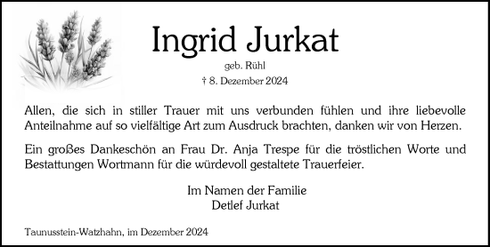 Traueranzeige von Ingrid Jurkat von Wiesbadener Kurier