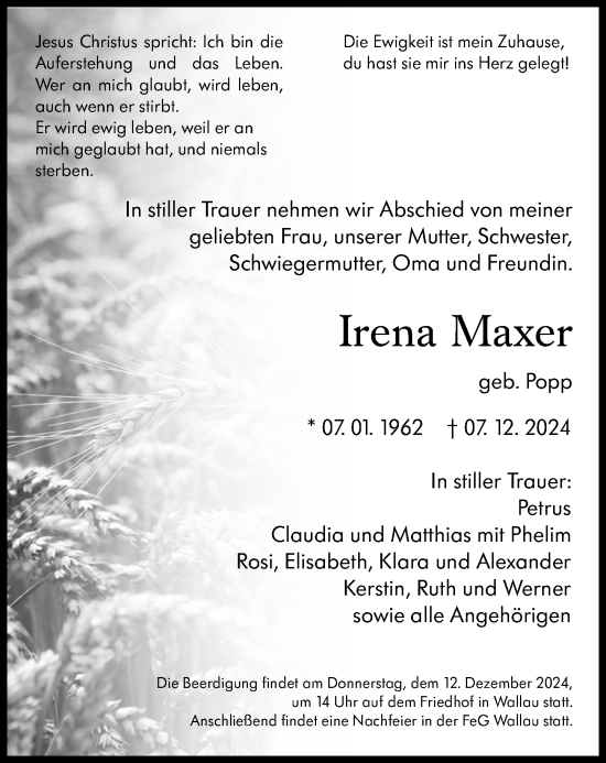 Traueranzeige von Irena Maxer von Hinterländer Anzeiger