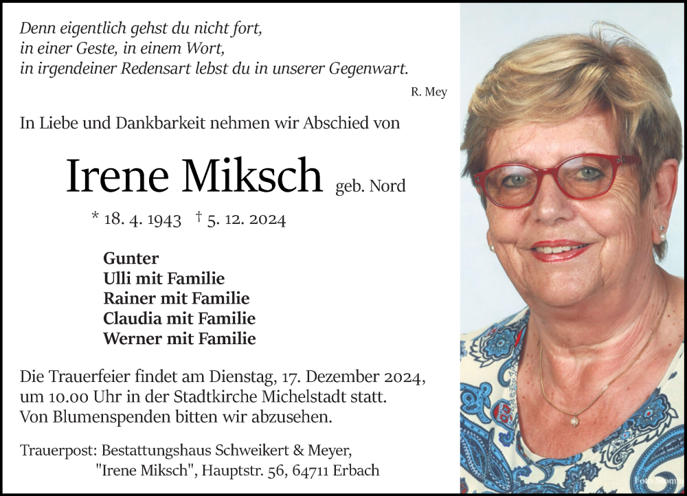  Traueranzeige für Irene Miksch vom 14.12.2024 aus Odenwälder Echo