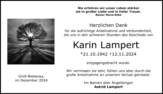 Traueranzeige von Karin Lampert von Darmstädter Echo