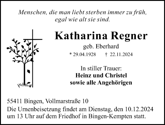 Traueranzeige von Katharina Regner von Allgemeine Zeitung Rheinhessen-Nahe