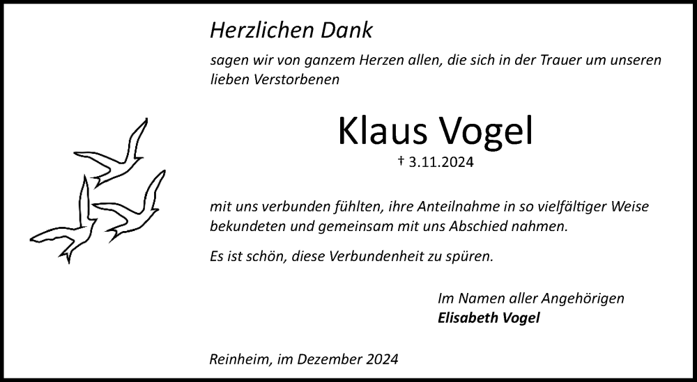 Traueranzeige für Klaus Vogel vom 14.12.2024 aus Darmstädter Echo