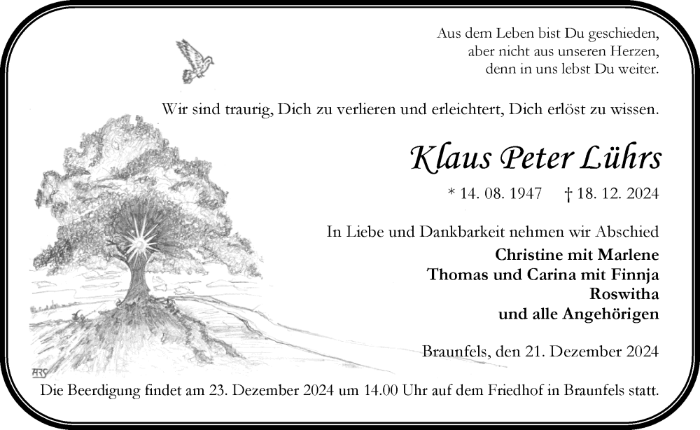  Traueranzeige für Klaus Peter Lührs vom 21.12.2024 aus Wetzlarer Neue Zeitung
