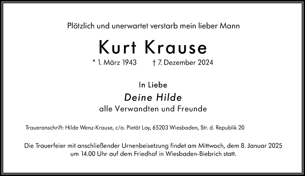  Traueranzeige für Kurt Krause vom 28.12.2024 aus Wiesbadener Kurier
