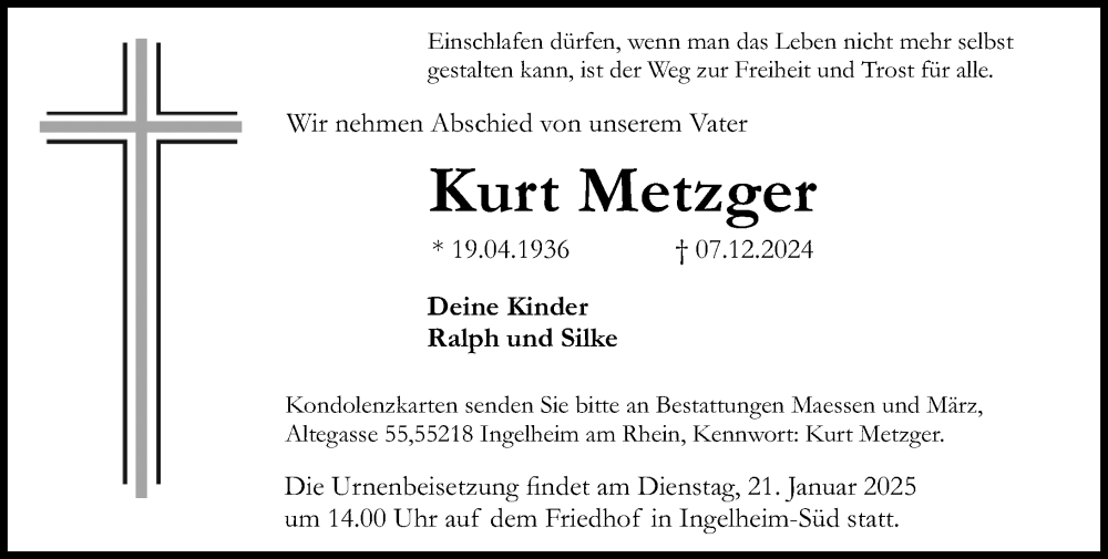  Traueranzeige für Kurt Metzger vom 21.12.2024 aus Allgemeine Zeitung Rheinhessen-Nahe