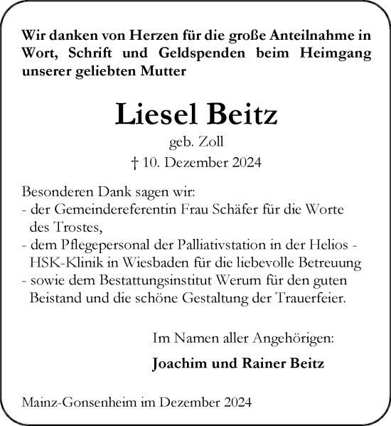 Traueranzeige von Liesel Beitz von Allgemeine Zeitung Mainz