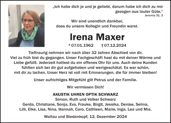 Traueranzeige von Irena Maxer von Hinterländer Anzeiger