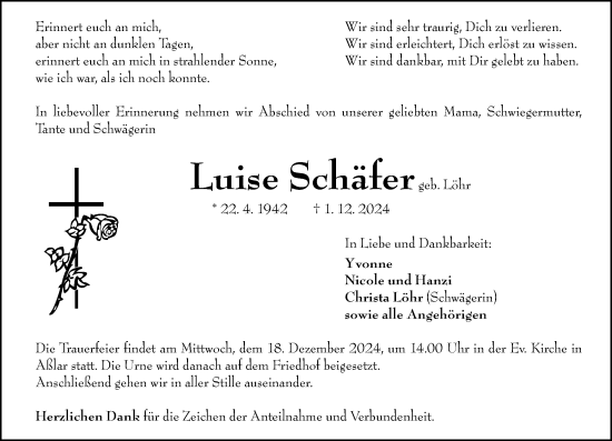 Traueranzeige von Luise Schäfer von Wetzlarer Neue Zeitung