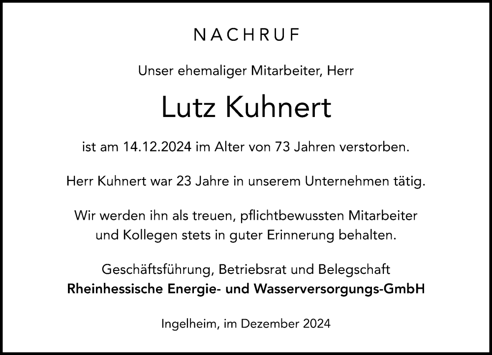  Traueranzeige für Lutz Kuhnert vom 28.12.2024 aus Allgemeine Zeitung Rheinhessen-Nahe