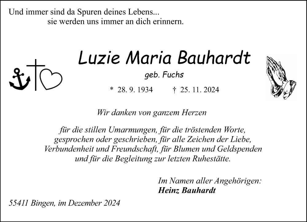  Traueranzeige für Luzie Maria Bauhardt vom 21.12.2024 aus Binger-/Ingelheimer Wochenblatt