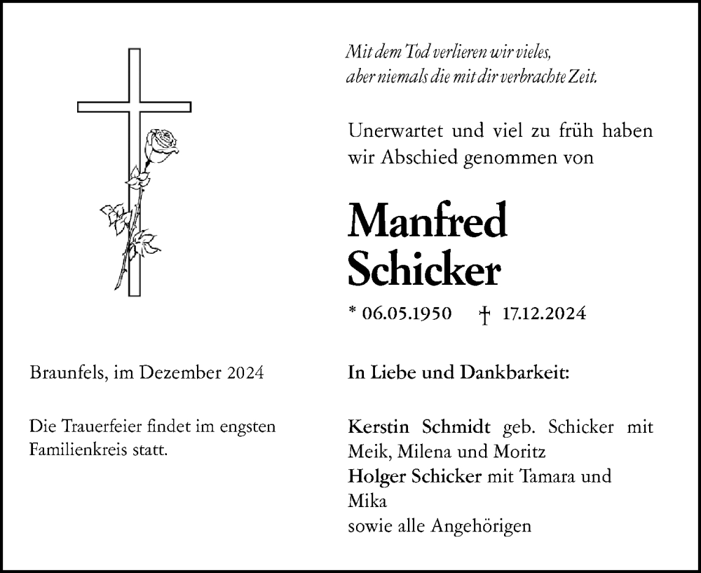  Traueranzeige für Manfred Schicker vom 21.12.2024 aus Wetzlarer Neue Zeitung
