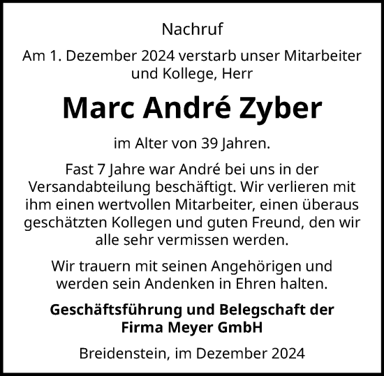 Traueranzeige von Marc Andre Zyber von Hinterländer Anzeiger