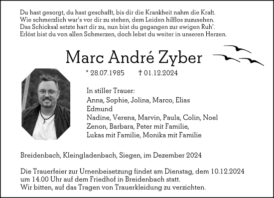Traueranzeige von Marc Andre Zyber von Hinterländer Anzeiger