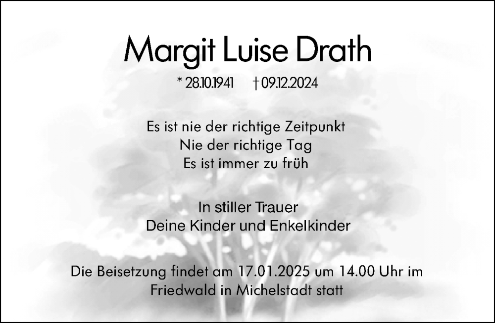  Traueranzeige für Margit Luise Drath vom 21.12.2024 aus Odenwälder Echo
