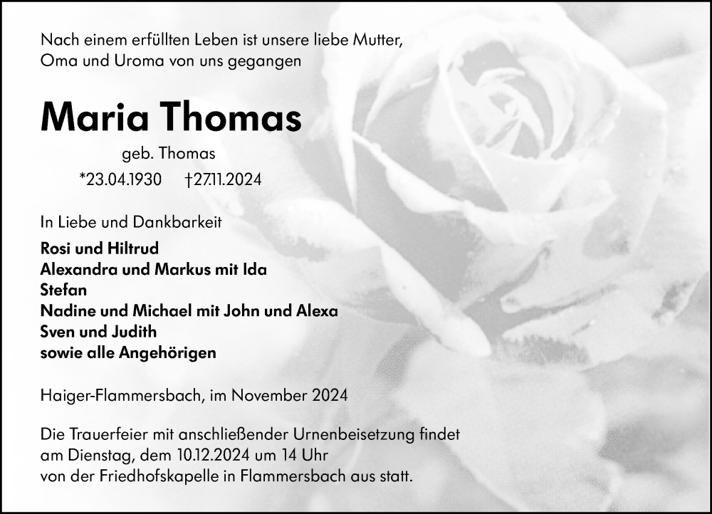  Traueranzeige für Maria Thomas vom 05.12.2024 aus Dill Block