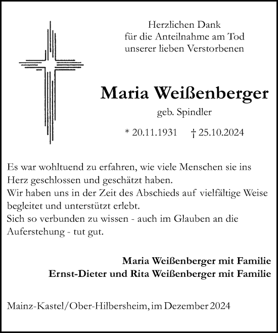 Traueranzeige von Maria Weißenberger von Allgemeine Zeitung Mainz