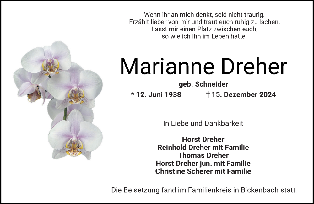  Traueranzeige für Marianne Dreher vom 21.12.2024 aus Darmstädter Echo