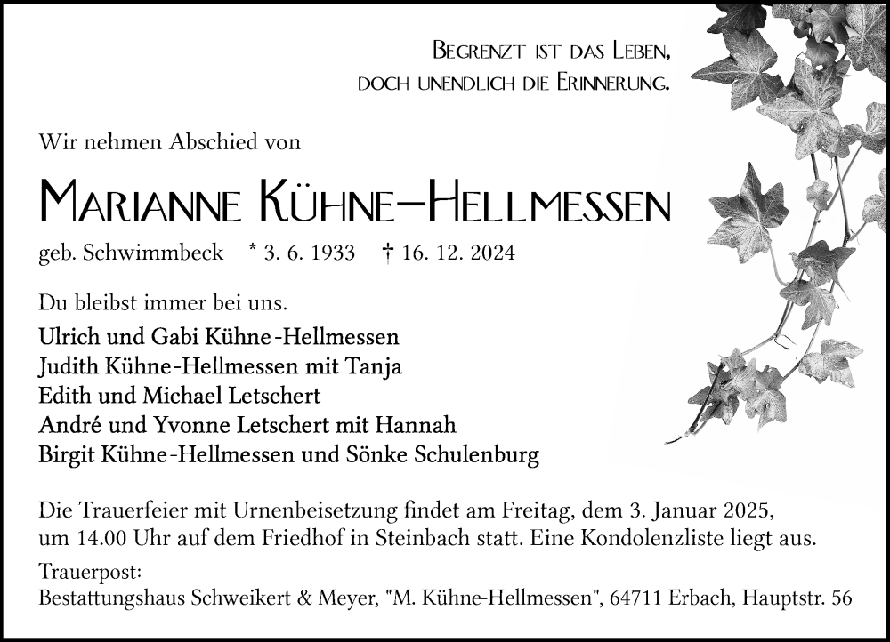  Traueranzeige für Marianne Kühne-Hellmessen vom 28.12.2024 aus Odenwälder Echo