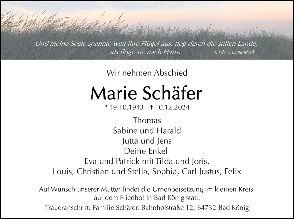  Traueranzeige für Marie Schäfer vom 14.12.2024 aus Odenwälder Echo