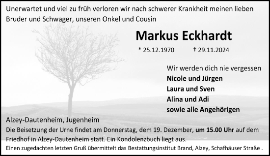 Traueranzeige von Markus Eckhardt von Allgemeine Zeitung Alzey