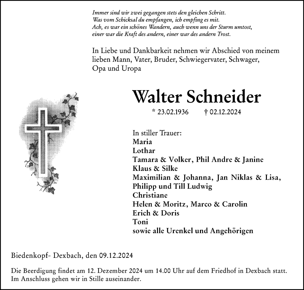  Traueranzeige für Walter Schneider vom 09.12.2024 aus Hinterländer Anzeiger