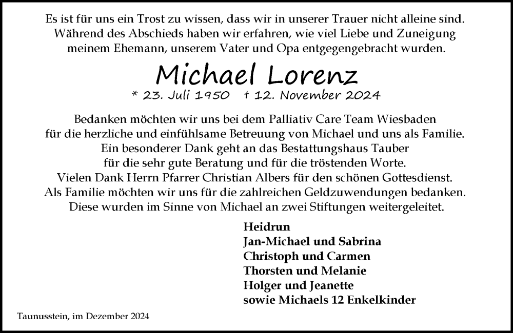 Traueranzeige für Michael Lorenz vom 14.12.2024 aus Wiesbadener Kurier